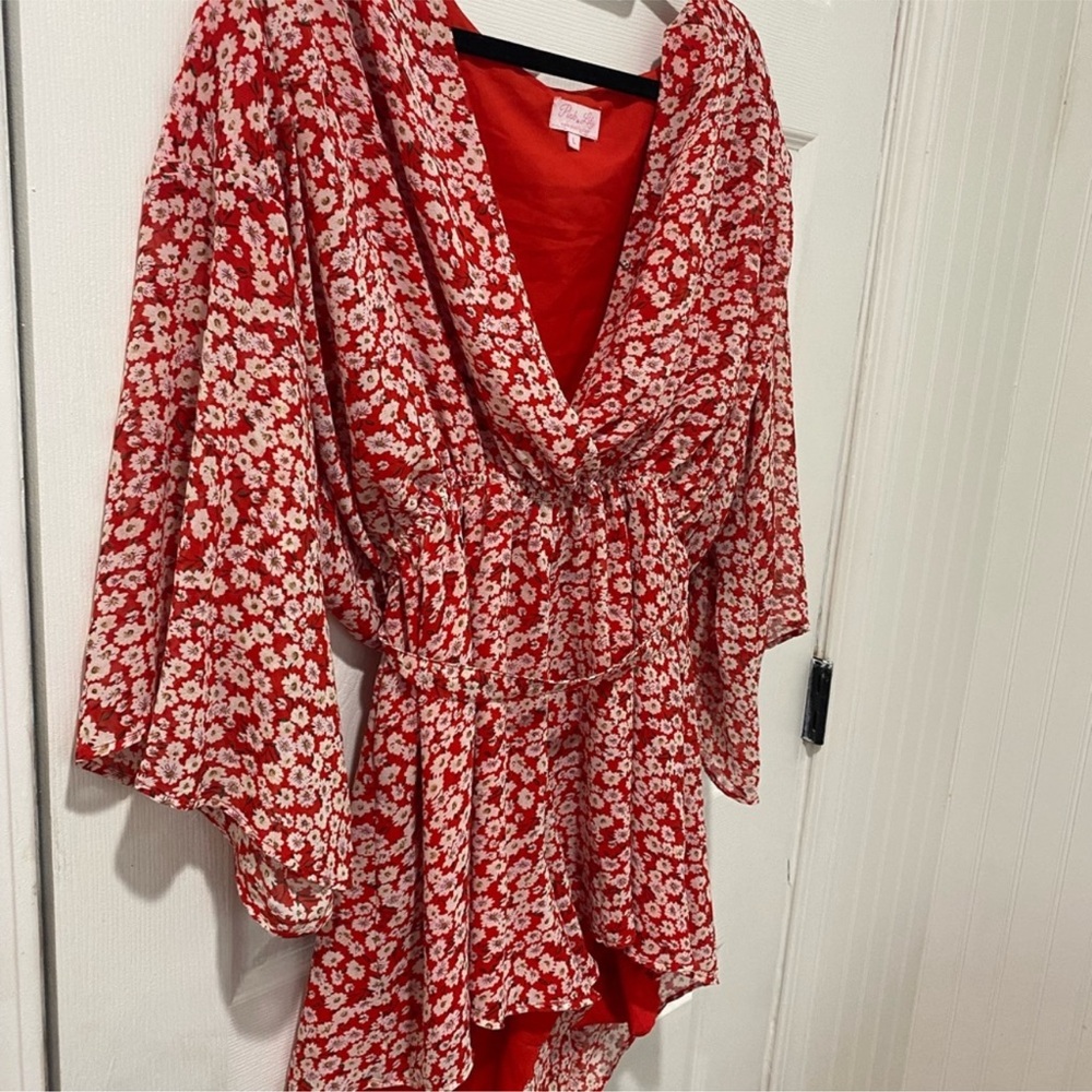 Red Floral Kimono romper pink lily